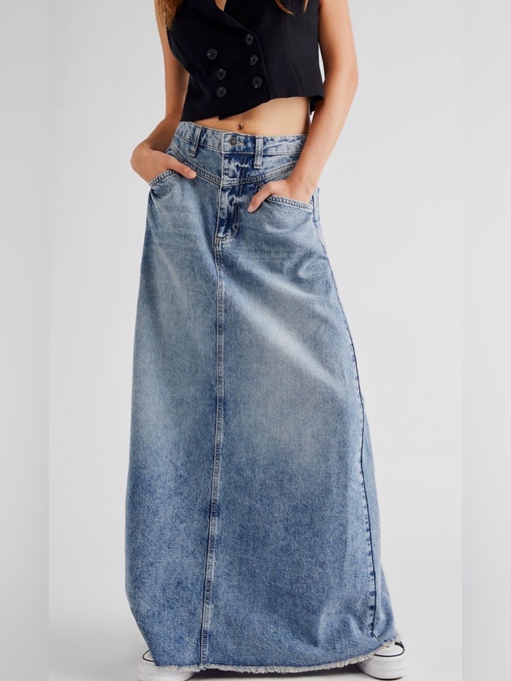 Free People We The Free Come As You Are Denim Jean Long Maxi Skirt Sz 2 Western